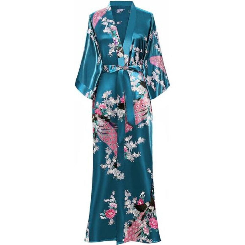 Satin Kimono Robe for Women Long Peacock Blossom